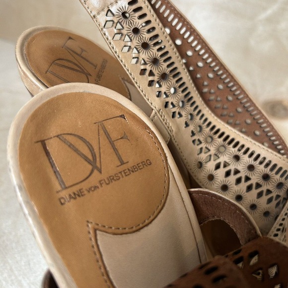 Diane Von Furstenberg Womens Heels Brown Leather Laser Cut Slingback Shoes Sz 9 - Picture 5 of 7